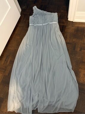 David's Bridal One-Shoulder Lace Top Chiffon Gown in Dusty Blue